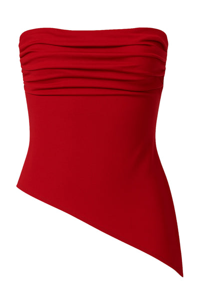 Top tubo de fit ajustado, escote recto con detalles plisados laterales y bajo diagonal asimétrico con rib en borde.