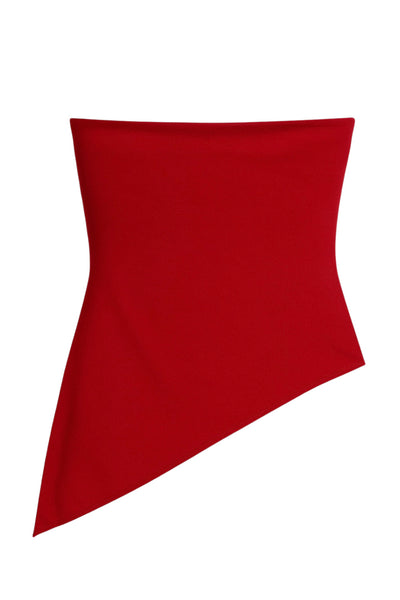 Top tubo de fit ajustado, escote recto con detalles plisados laterales y bajo diagonal asimétrico con rib en borde.