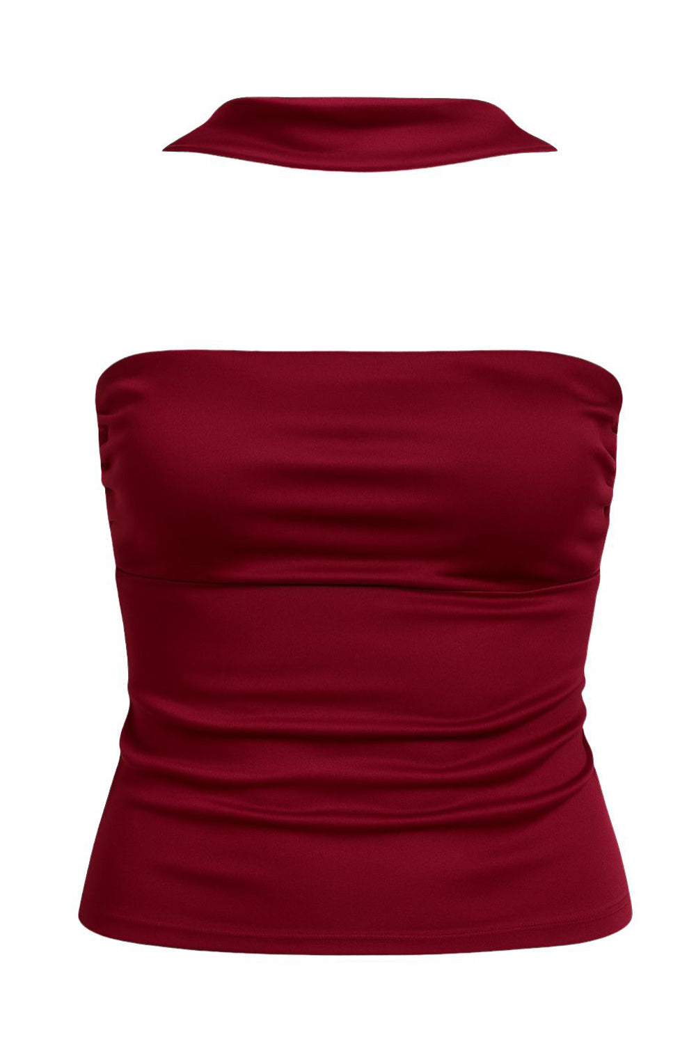 Top tubo de fit ajustado, escote recto, plisados en costados y detalle decorativo posterior de choker.