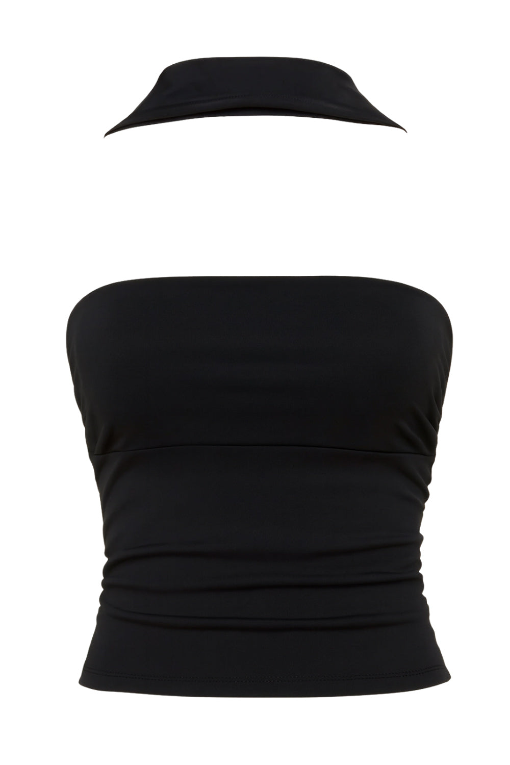 Top tubo de fit ajustado, escote recto, plisados en costados y detalle decorativo posterior de choker.