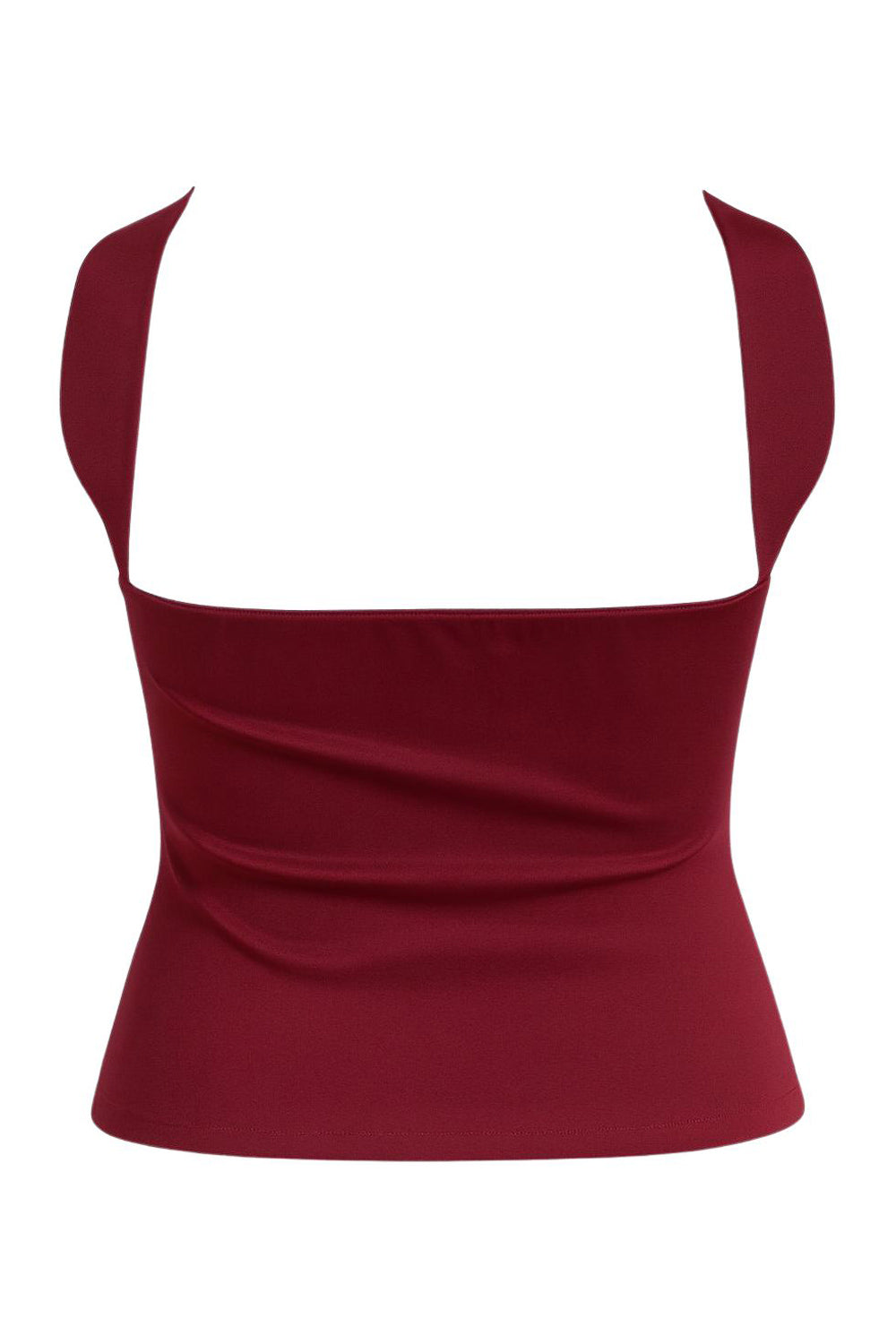 Top tubo de fit ajustado, escote recto, plisados en costados y detalle decorativo posterior de choker.