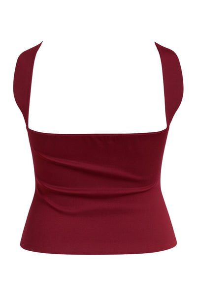 Top tubo de fit ajustado, escote recto, plisados en costados y detalle decorativo posterior de choker.