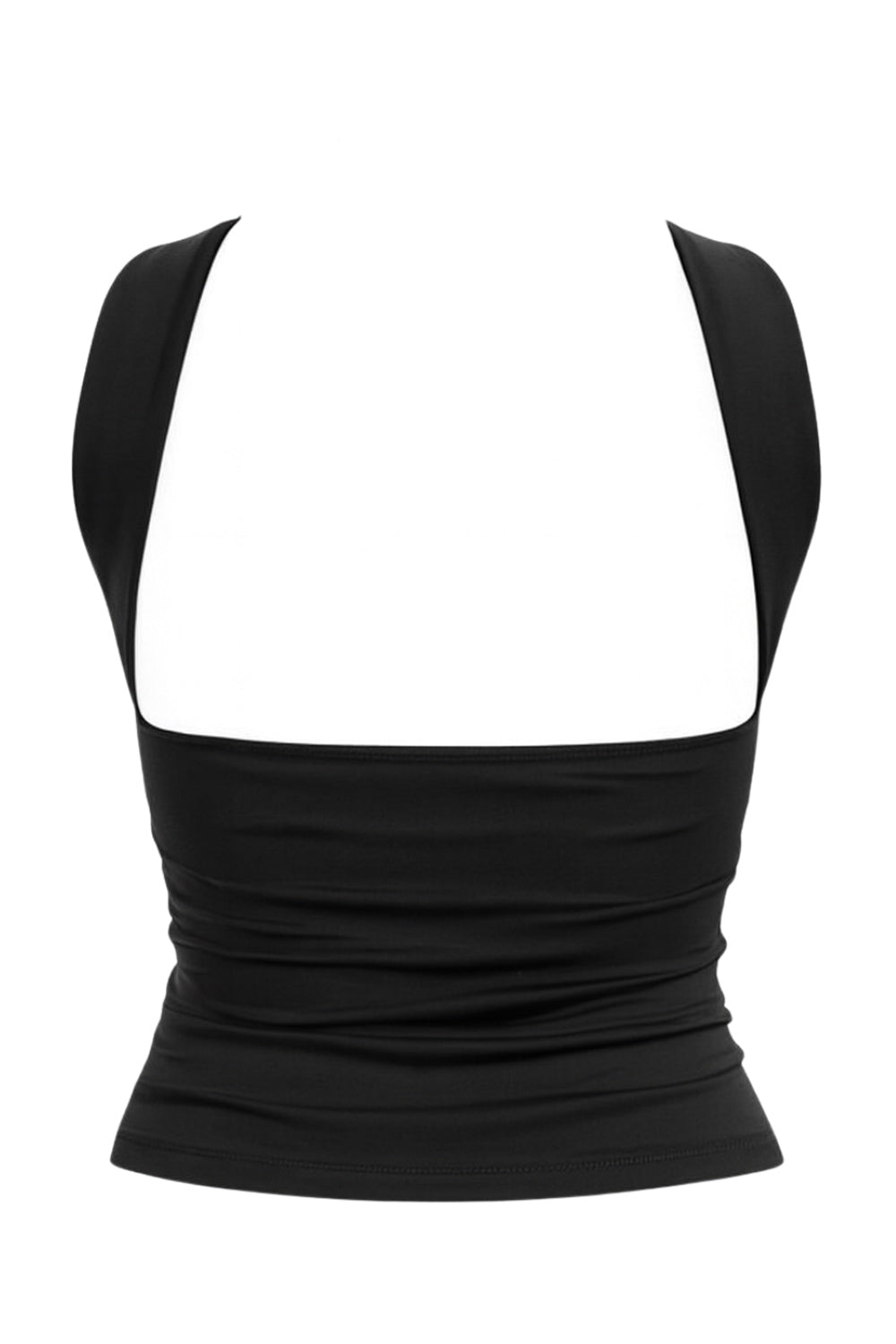 Top tubo de fit ajustado, escote recto, plisados en costados y detalle decorativo posterior de choker.