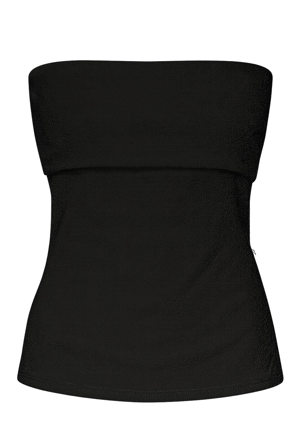 Top tubo de fit recto, strapless, escote recto con doblez decorativo en borde y detalle de abertura lateral en bajo con cremallera decorativa en contraste.