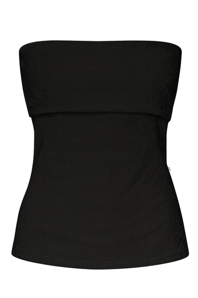 Top tubo de fit recto, strapless, escote recto con doblez decorativo en borde y detalle de abertura lateral en bajo con cremallera decorativa en contraste.