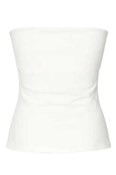 Top tubo de fit recto, strapless, escote recto con doblez decorativo en borde y detalle de abertura lateral en bajo con cremallera decorativa en contraste.