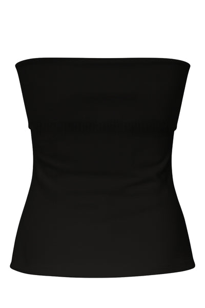 Top tubo de fit recto, strapless, escote recto con doblez decorativo en borde y detalle de abertura lateral en bajo con cremallera decorativa en contraste.