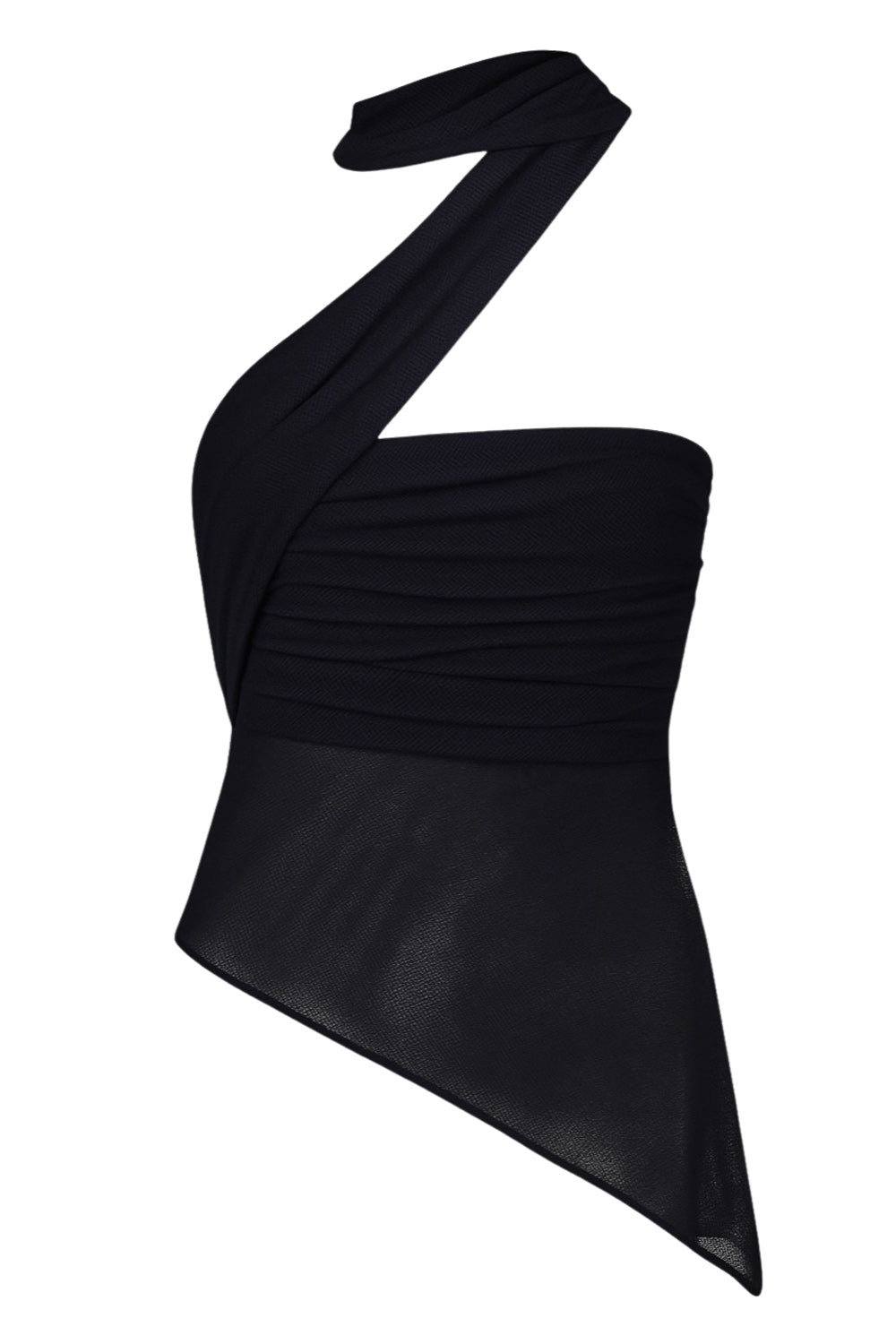 Top tubo de mesh, fit ajustado, escote recto con detalles plisados laterales y bajo diagonal asimétrico con rib rizado en borde. Detalle de choker cruzado.