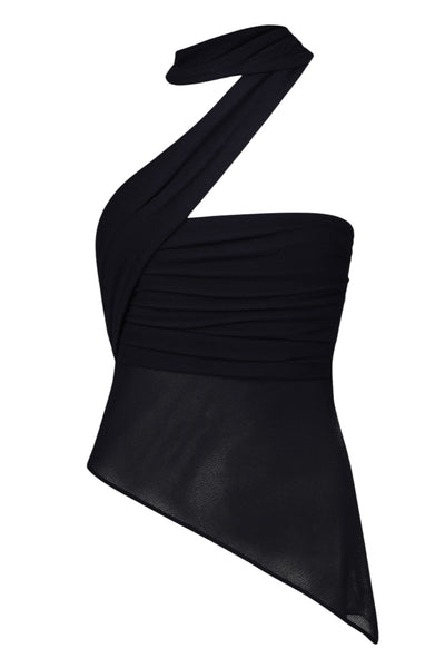 Top tubo de mesh, fit ajustado, escote recto con detalles plisados laterales y bajo diagonal asimétrico con rib rizado en borde. Detalle de choker cruzado.