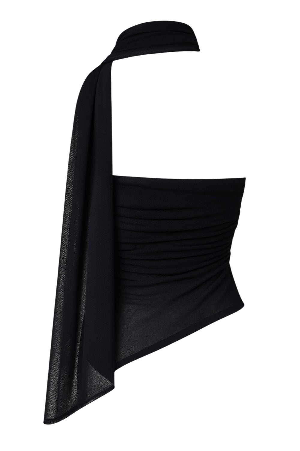 Top tubo de mesh, fit ajustado, escote recto con detalles plisados laterales y bajo diagonal asimétrico con rib rizado en borde. Detalle de choker cruzado.