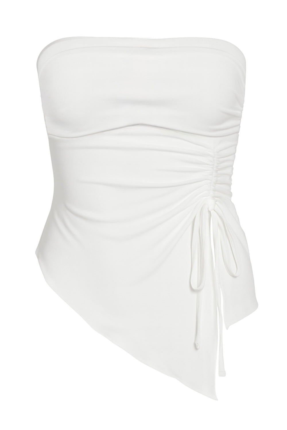 Top tubo de fit ajustado, escote recto con plisados decorativos laterales, bajo asimétrico frontal con rib rizado en borde, abertura y plisados con jareta frontal ajustable.