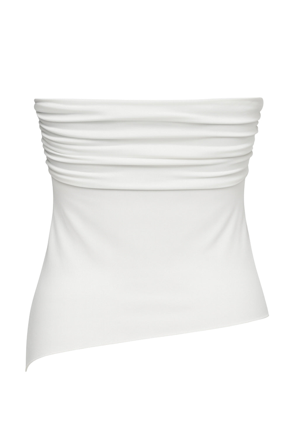 Top tubo de fit ajustado, escote recto con plisados decorativos laterales, bajo asimétrico frontal con rib rizado en borde, abertura y plisados con jareta frontal ajustable.