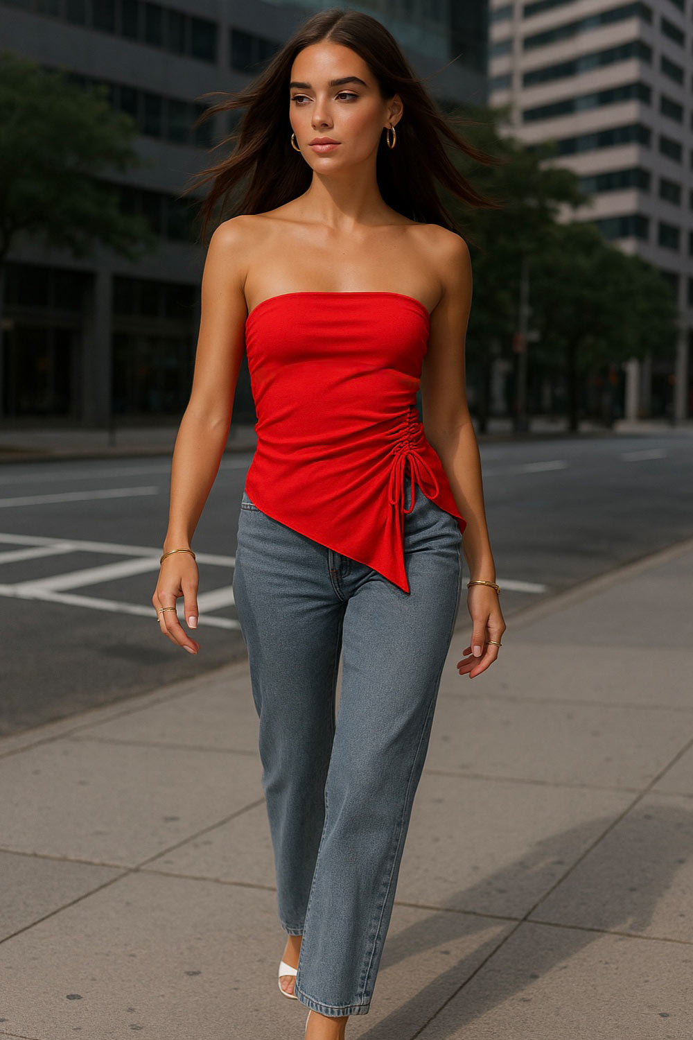 Top tubo de fit ajustado, escote recto con plisados en costados, bajo frontal asimétrico con rib rizado en borde, abertura con jareta frontal ajustable y plisados decorativos.