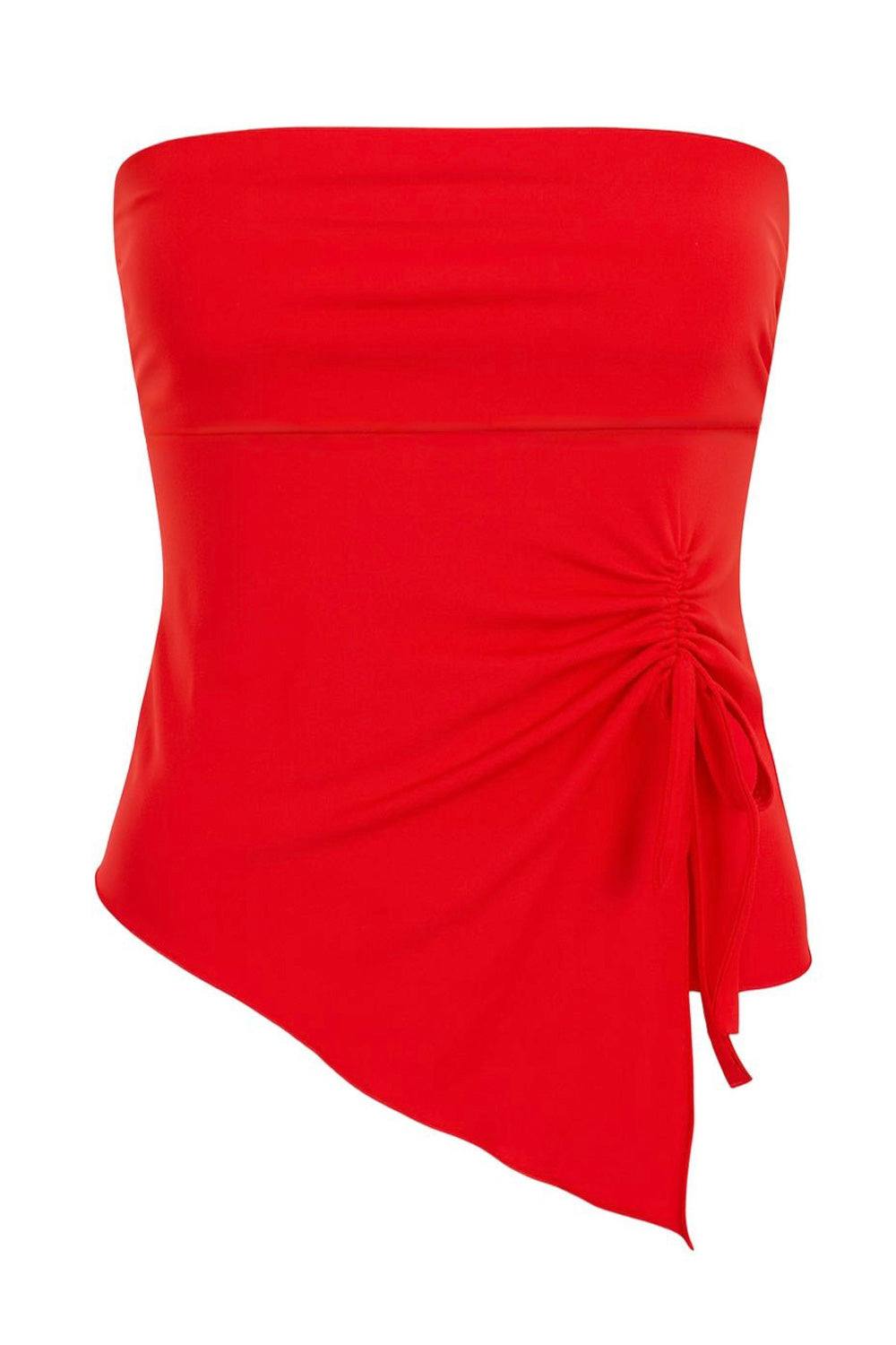 Top tubo de fit ajustado, escote recto con plisados en costados, bajo frontal asimétrico con rib rizado en borde, abertura con jareta frontal ajustable y plisados decorativos.