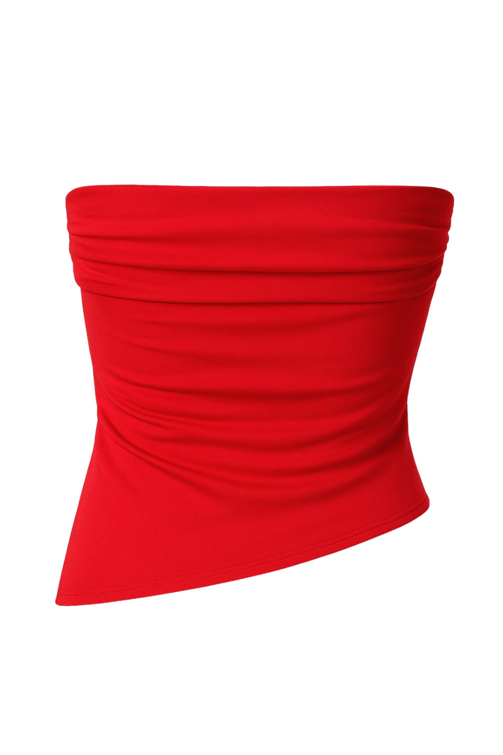 Top tubo de fit ajustado, escote recto con plisados en costados, bajo frontal asimétrico con rib rizado en borde, abertura con jareta frontal ajustable y plisados decorativos.