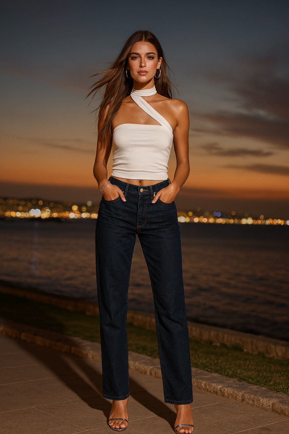 Top tubo de fit ajustado, escote recto, plisados en costados y detalle lateral de choker cruzado.