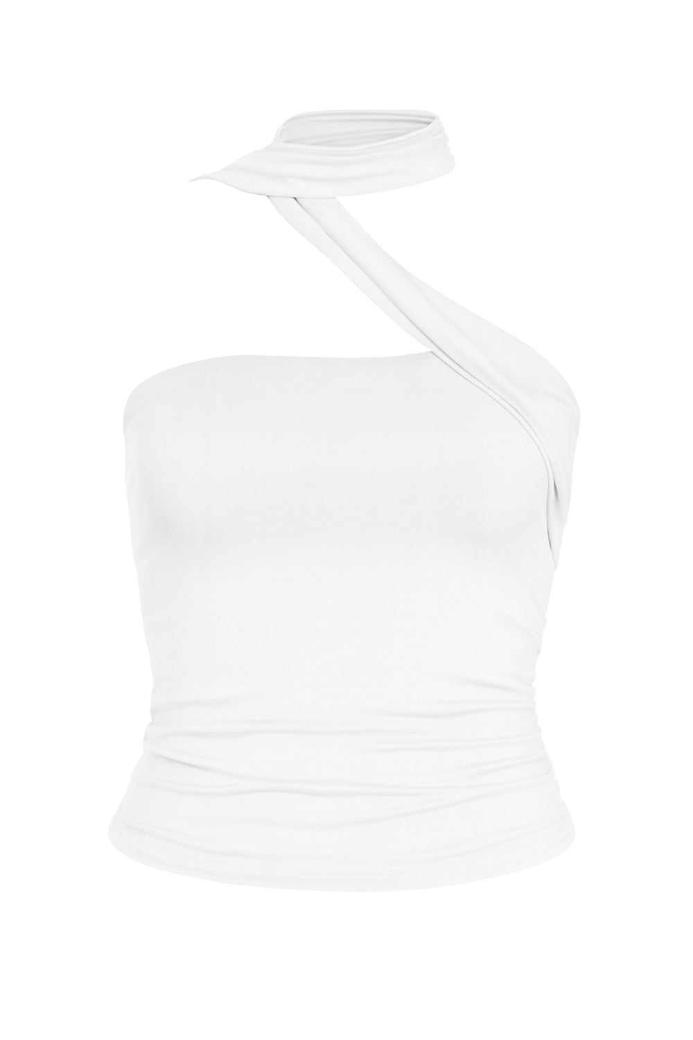 Top tubo de fit ajustado, escote recto, plisados en costados y detalle lateral de choker cruzado.