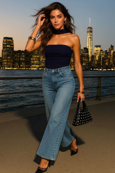 Top tubo canalé de fit ajustado, escote recto y detalle decorativo posterior de choker.