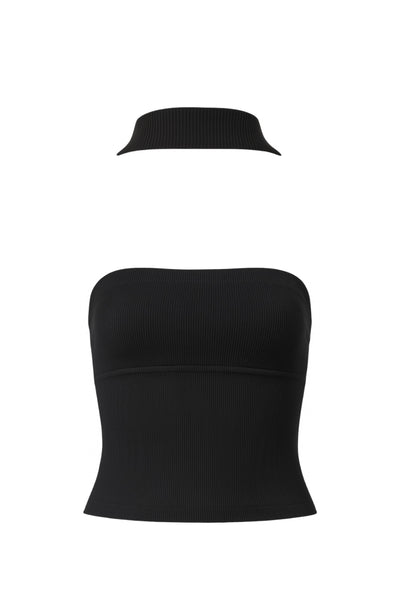 Top tubo canalé de fit ajustado, escote recto y detalle decorativo posterior de choker.