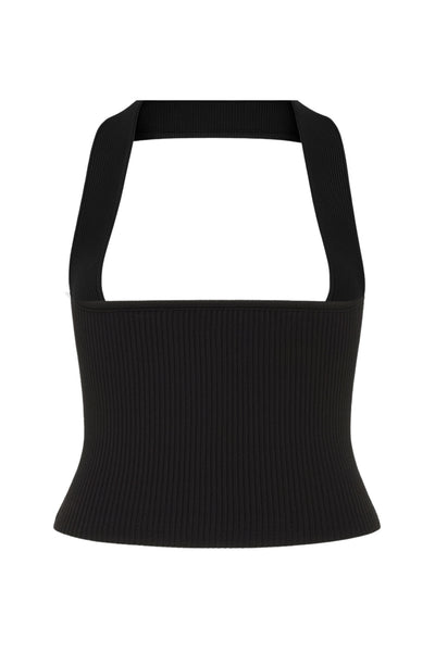 Top tubo canalé de fit ajustado, escote recto y detalle decorativo posterior de choker.