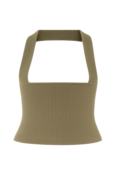 Top tubo canalé de fit ajustado, escote recto y detalle decorativo posterior de choker.