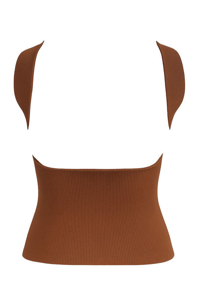 Top tubo canalé de fit ajustado, escote recto y detalle decorativo posterior de choker.