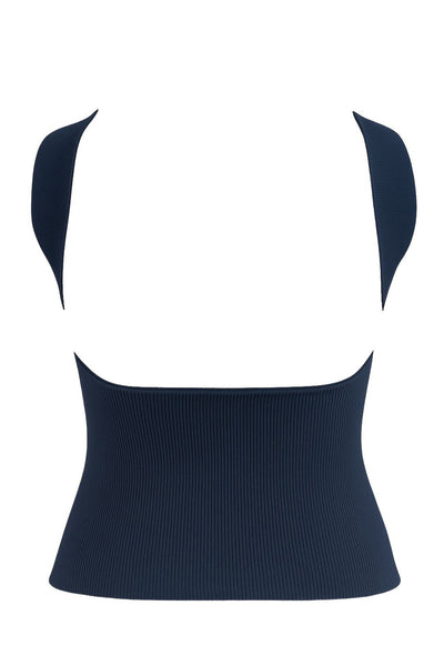 Top tubo canalé de fit ajustado, escote recto y detalle decorativo posterior de choker.