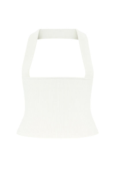 Top tubo canalé de fit ajustado, escote recto y detalle decorativo posterior de choker.