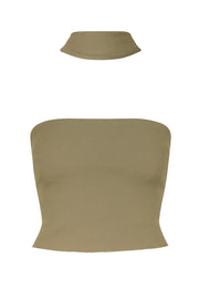 Top tubo canalé de fit ajustado, escote recto y detalle decorativo posterior de choker.