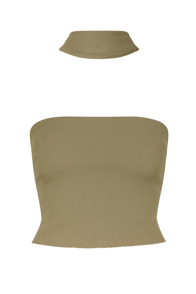 Top tubo canalé de fit ajustado, escote recto y detalle decorativo posterior de choker.