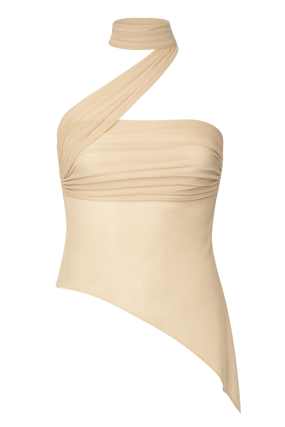 Top tubo de mesh, fit ajustado, escote recto con detalles plisados laterales y bajo diagonal asimétrico con rib rizado en borde. Detalle de choker cruzado.