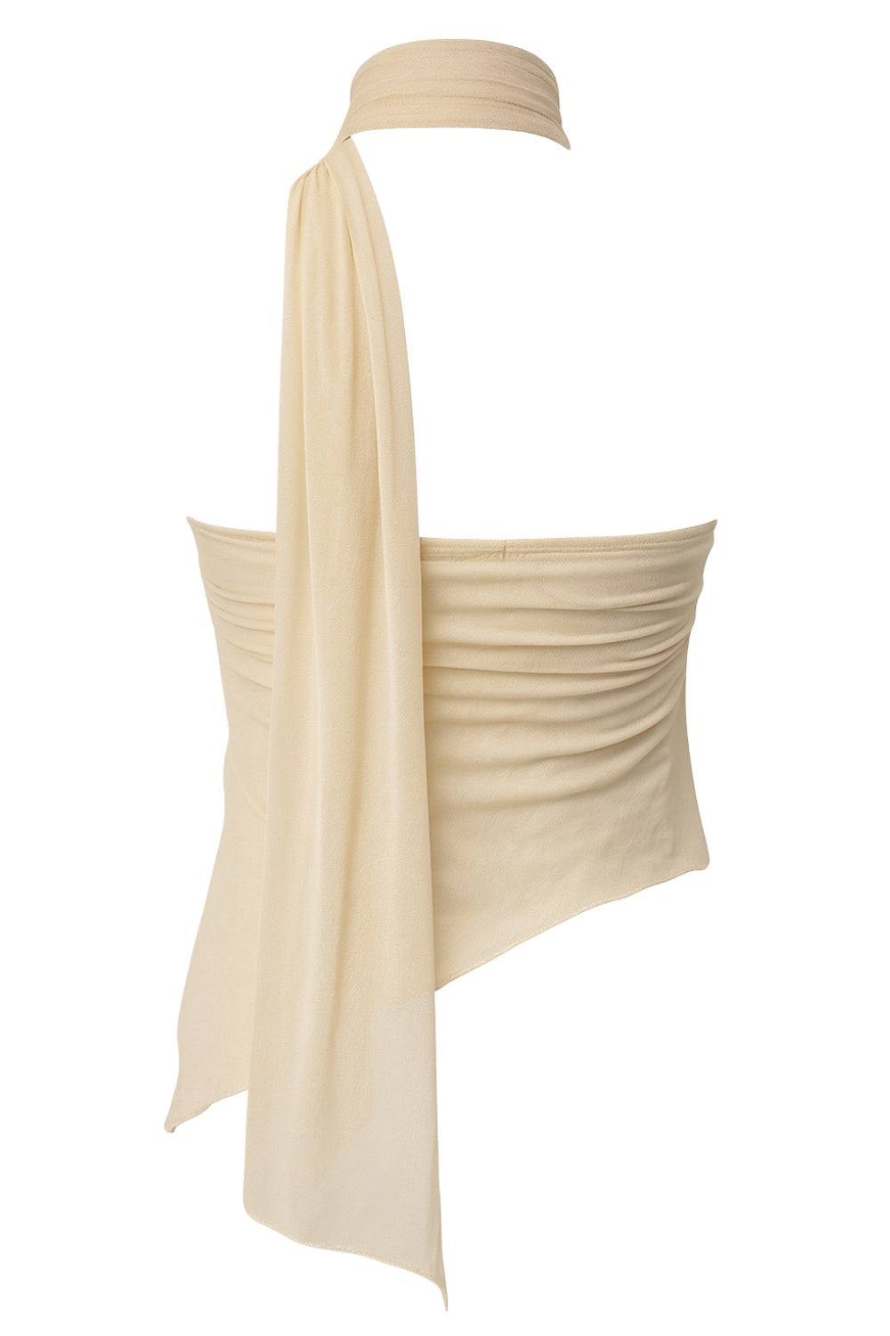 Top tubo de mesh, fit ajustado, escote recto con detalles plisados laterales y bajo diagonal asimétrico con rib rizado en borde. Detalle de choker cruzado.