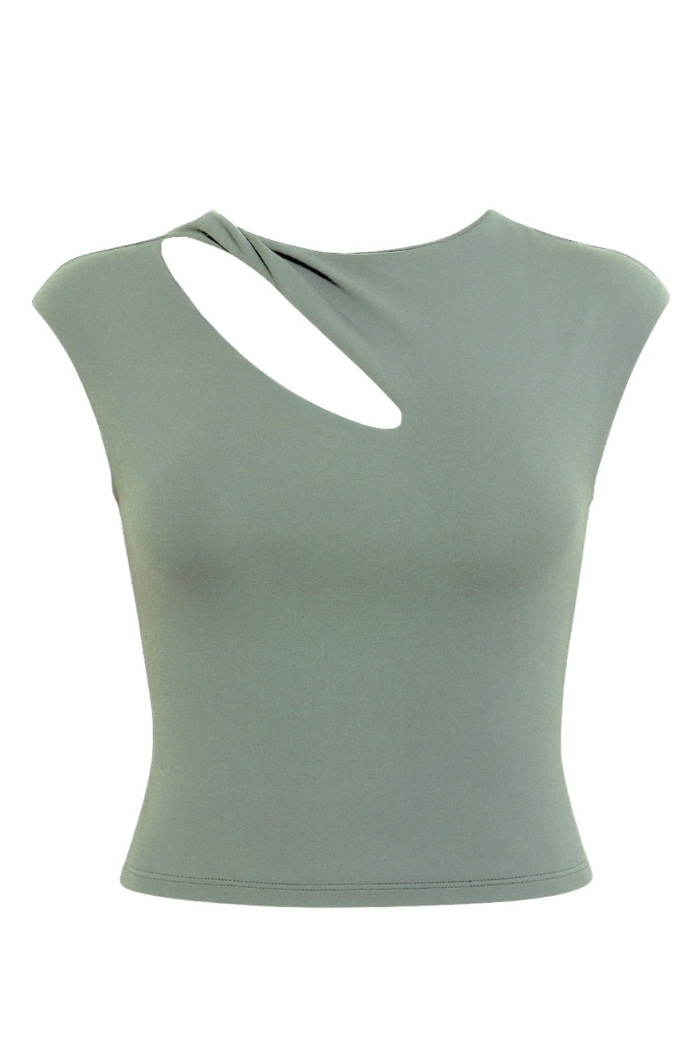 Top de fit ajustado, manga corta seguida, cuello redondo, cut out frontal con detalles plisados y escote en espalda.