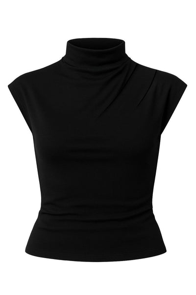 Top de fit ajustado, cuello mock con plisados y manga corta seguida.
