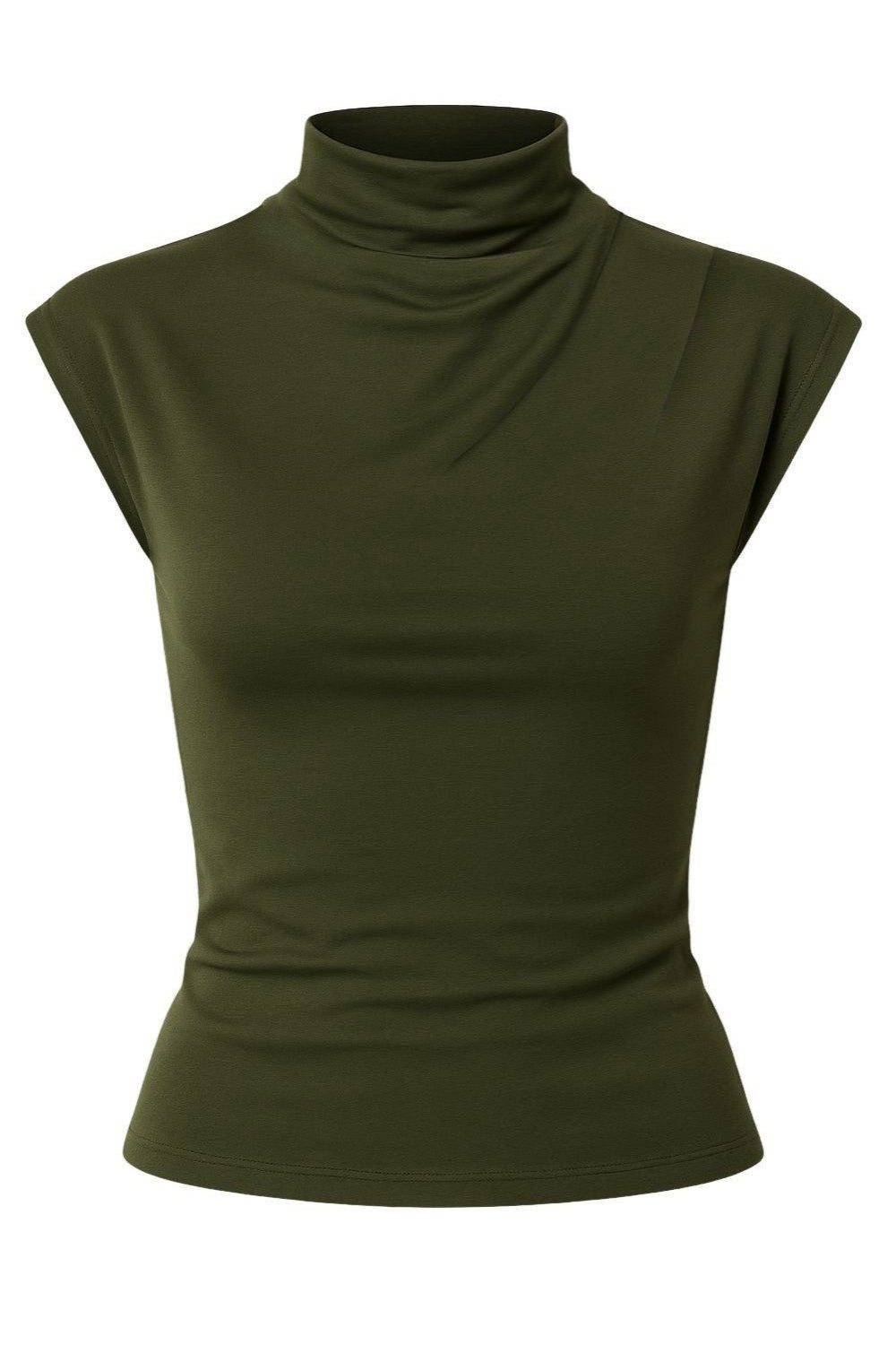 Top de fit ajustado, cuello mock con plisados y manga corta seguida.