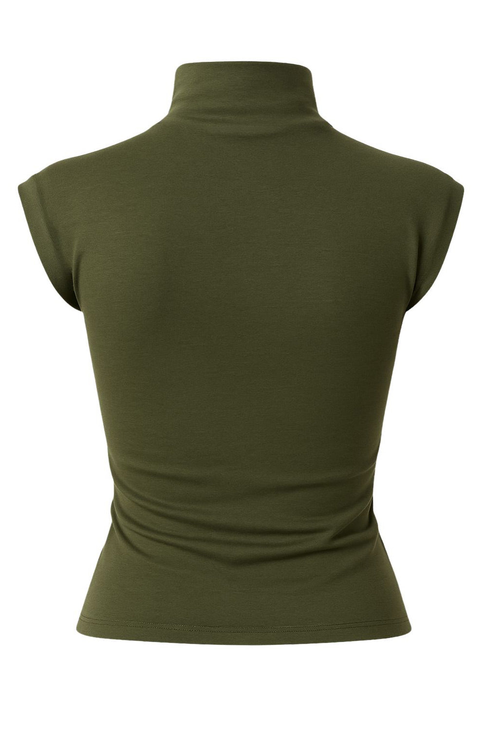 Top de fit ajustado, cuello mock con plisados y manga corta seguida.