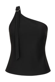 Top asimétrico de fit recto, un hombro, escote diagonal, tirante ajustable con argolla en contraste, escote en espalda y cierre posterior con trabilla ajustable.