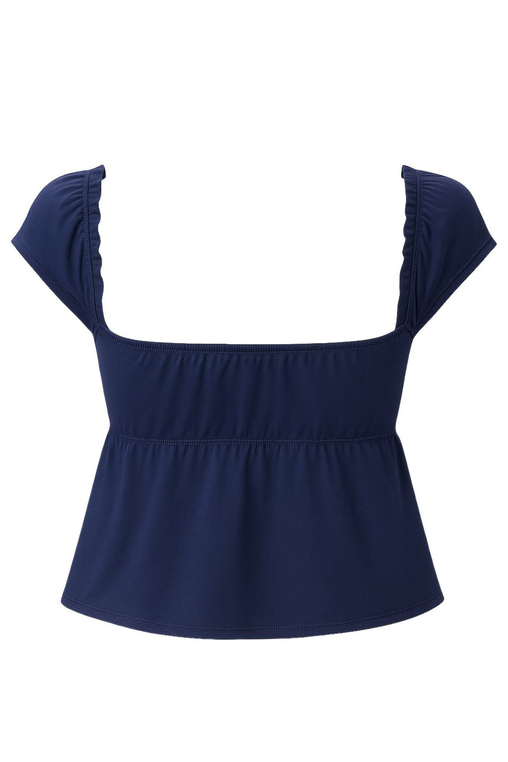 Top corto de escote v con olanes en borde y lazo amarrable, cortes decorativos frontales, manga corta y peplum con olanes en bajo.