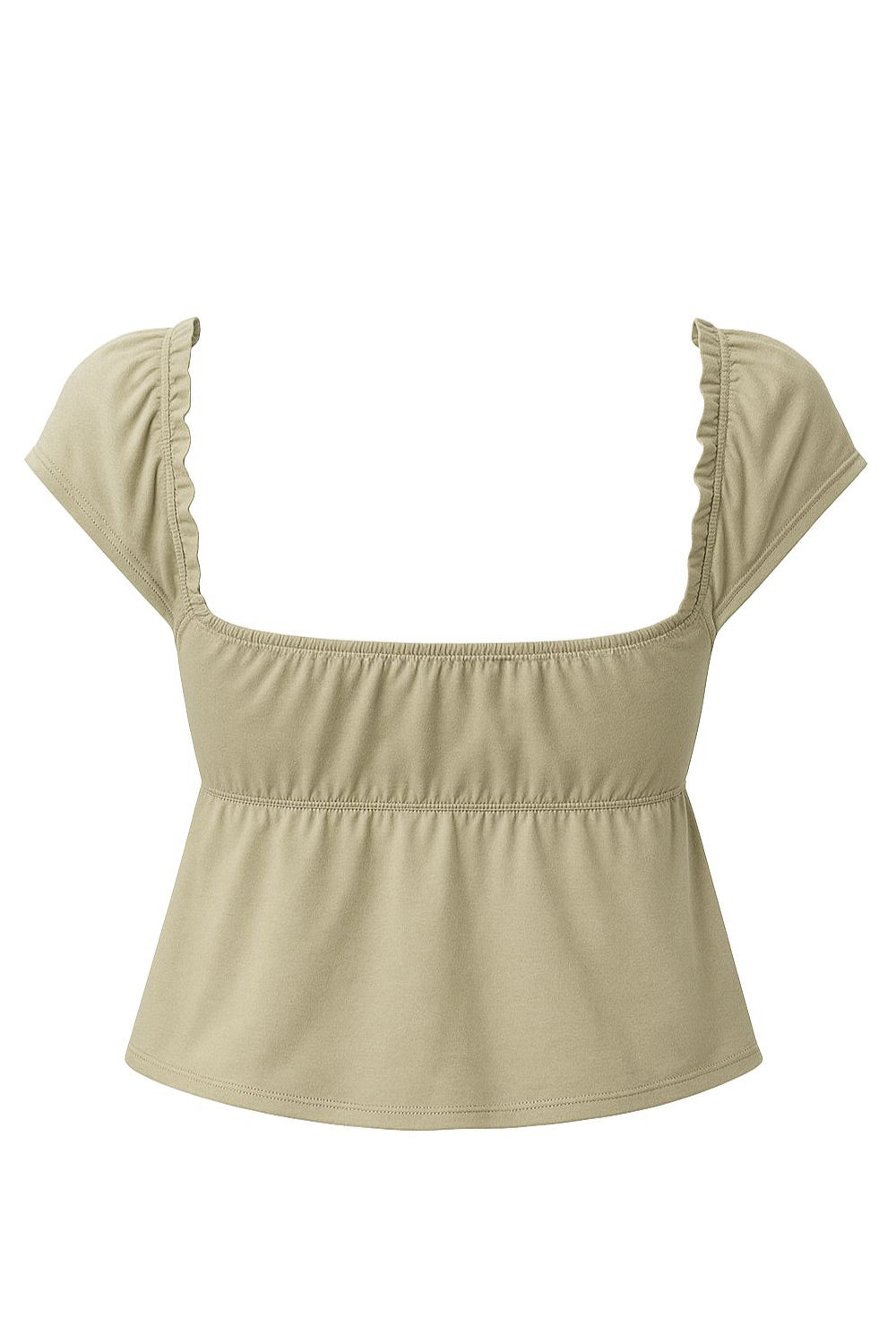 Top corto de escote v con olanes en borde y lazo amarrable, cortes decorativos frontales, manga corta y peplum con olanes en bajo.