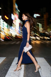 Vestido midi de fit ajustado, sin mangas y cuello alto halter. Detalle de plisados en costados, abertura lateral en bajo, cierre posterior con botón y ojal.