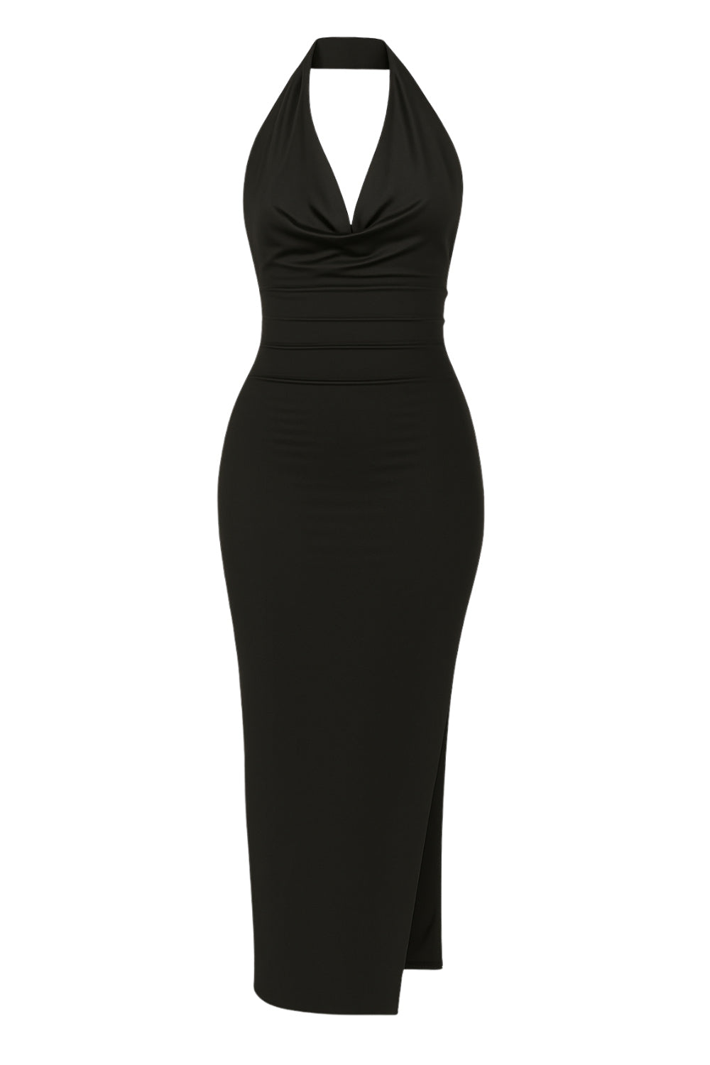 Vestido largo halter de fit ajustado, escote fluido, sin mangas, escote en espalda y abertura lateral en bajo.