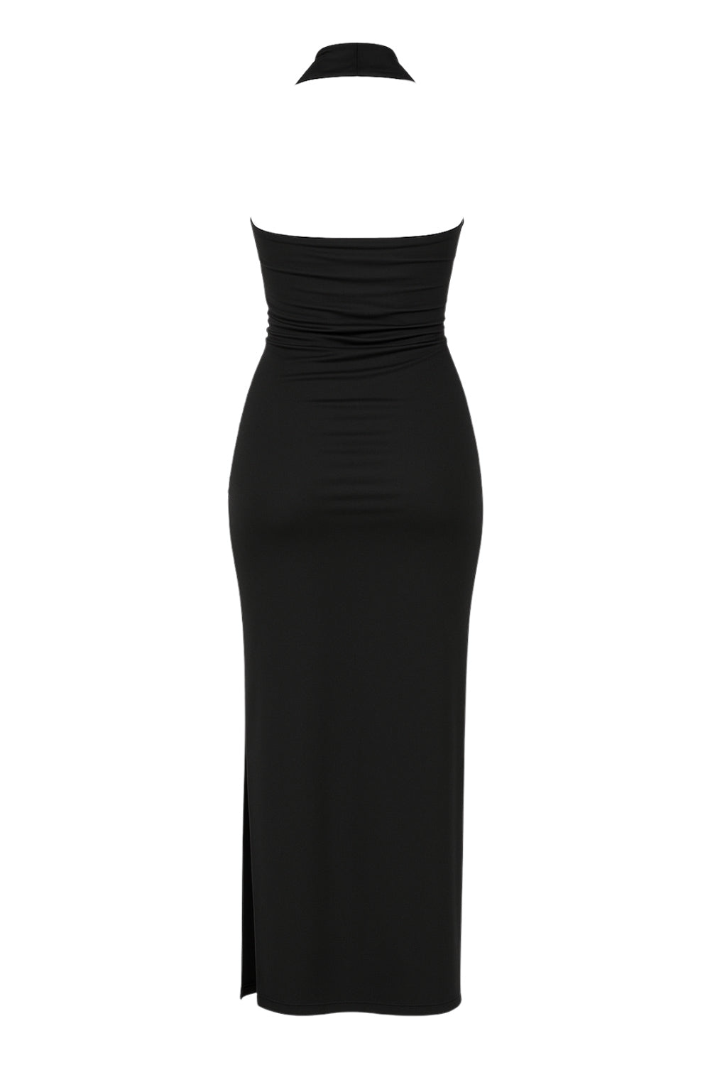 Vestido largo halter de fit ajustado, escote fluido, sin mangas, escote en espalda y abertura lateral en bajo.