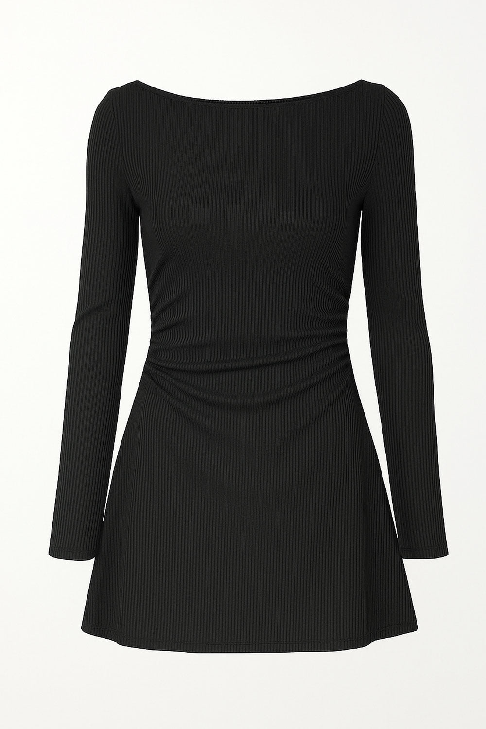 Vestido corto canalé de fit ajustado, manga larga, cuello barco, plisados laterales en cintura y corte en a.