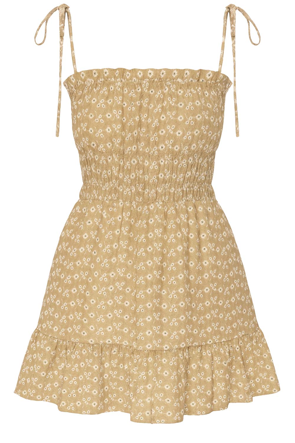 Vestido corto de escote recto con plisados, rib y olanes en borde, tirantes delgados con nudo amarrable, fruncido con rib elástico y plisados en cintura, corte en a y bajo con olanes en borde.