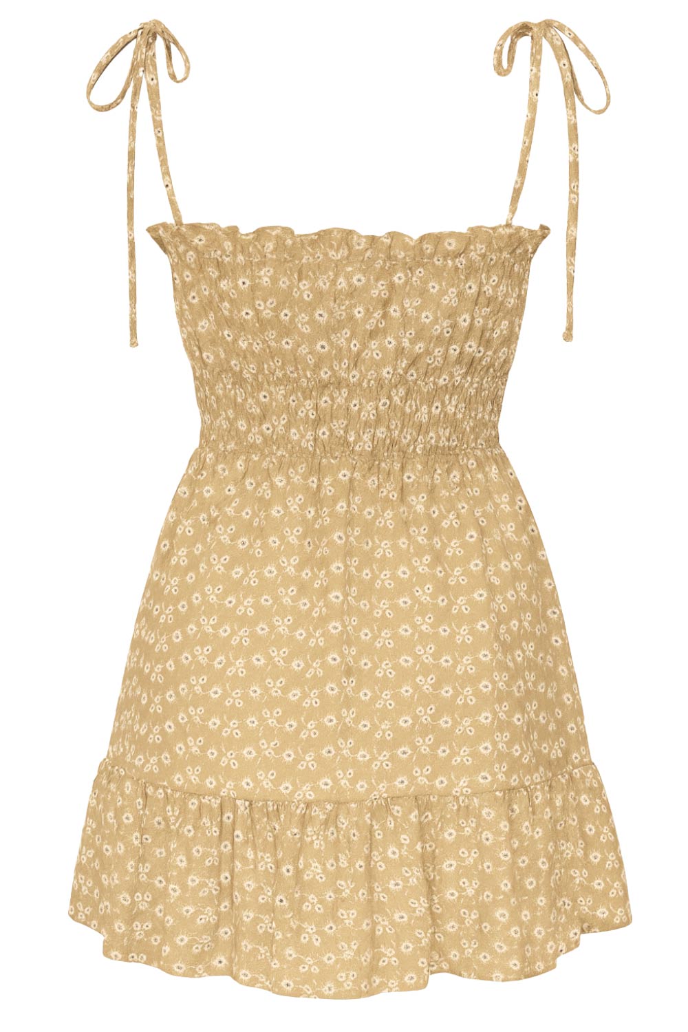 Vestido corto de escote recto con plisados, rib y olanes en borde, tirantes delgados con nudo amarrable, fruncido con rib elástico y plisados en cintura, corte en a y bajo con olanes en borde.