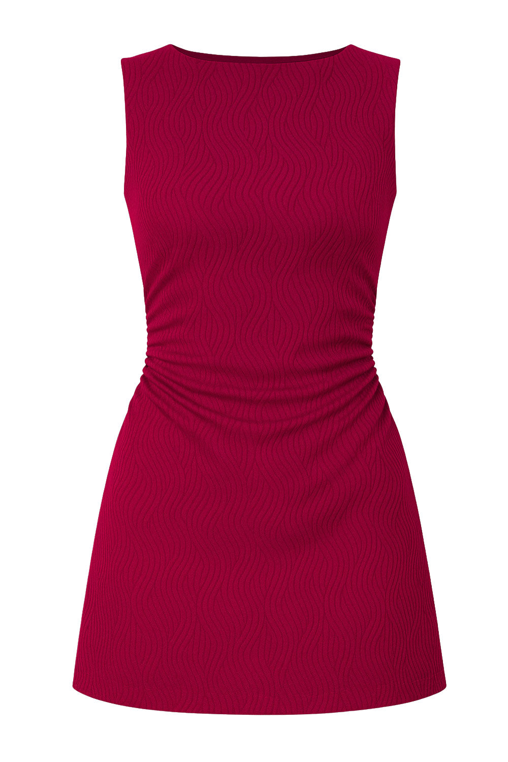 Vestido corto ajustado sin mangas, de cuello barco, corte en a, plisados en cintura y textura en tejido.