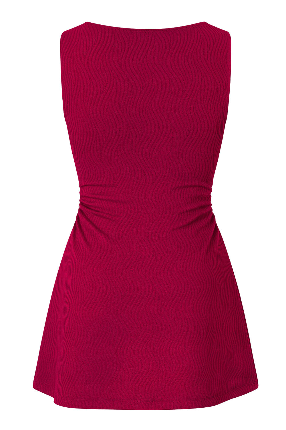 Vestido corto ajustado sin mangas, de cuello barco, corte en a, plisados en cintura y textura en tejido.