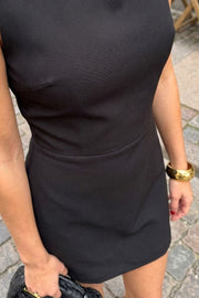 Vestido corto básico de fit ajustado, cuello barco, sin mangas, cortes frontales y cierre posterior con cremallera oculta.