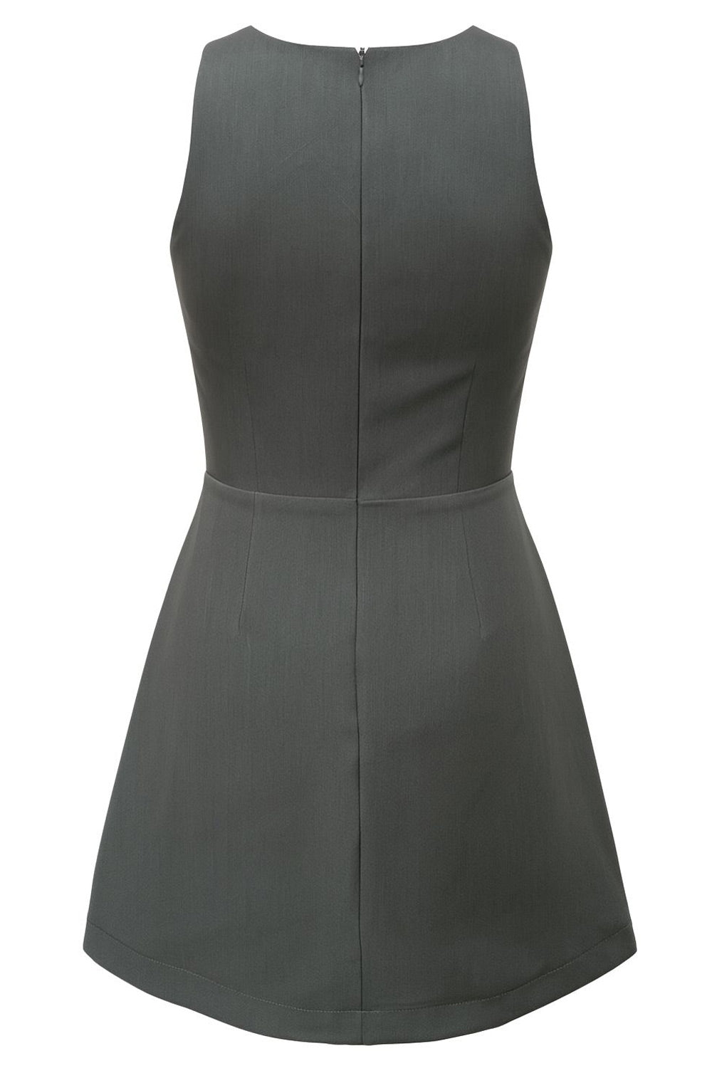 Vestido corto básico de fit ajustado, cuello barco, sin mangas, cortes frontales y cierre posterior con cremallera oculta.