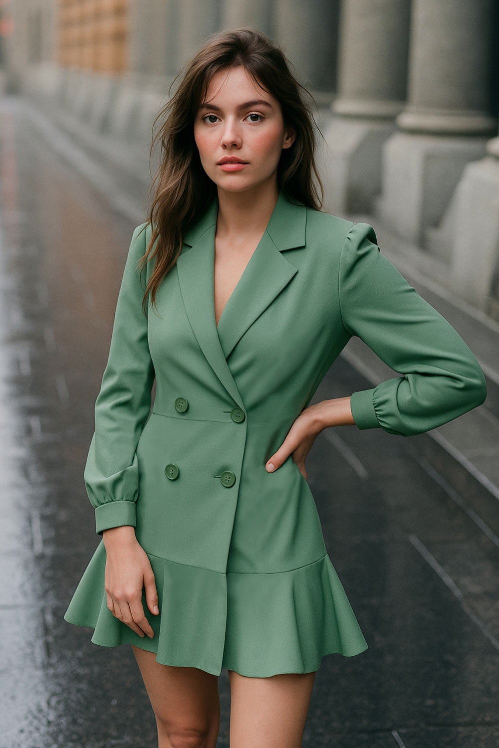 Vestido corto cruzado tipo blazer, fit ajustado, de manga larga abullonada con puño abotonado, solapa, doble cruce de botones y bajo con olanes en borde.